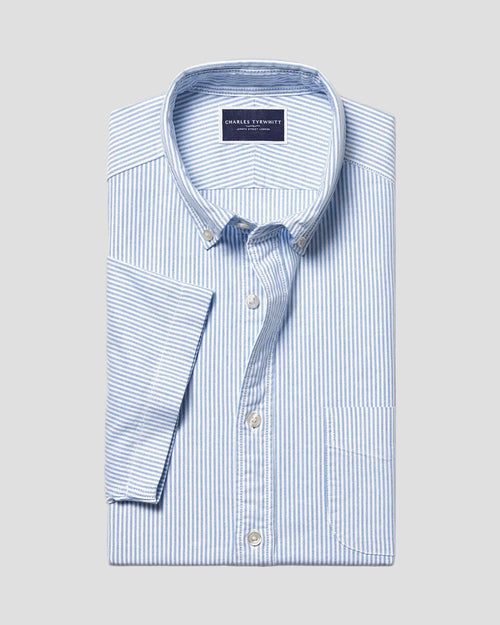Charles Tyrwhitt Short Sleeve Stretch Washed Oxford Stripe Shirt - Blue
