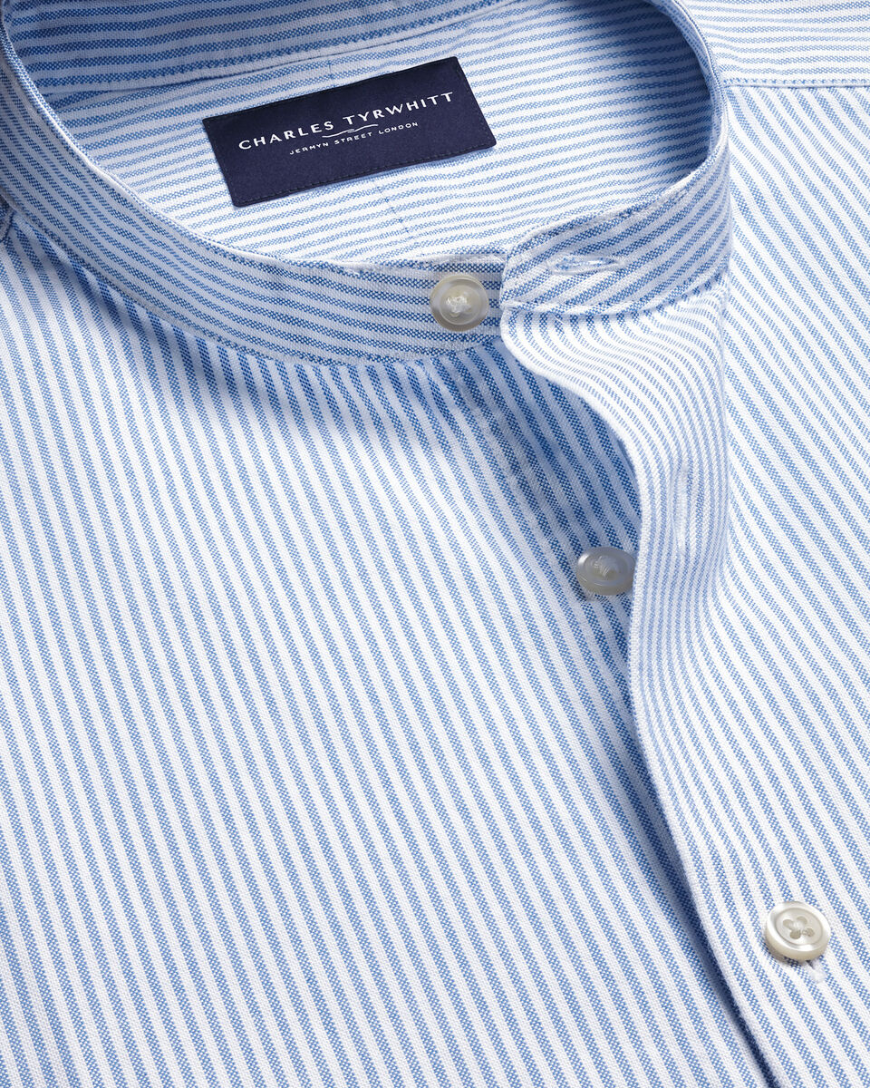 Charles Tyrwhitt Collarless Stretch Washed Oxford Stripe Shirt - Ocean Blue