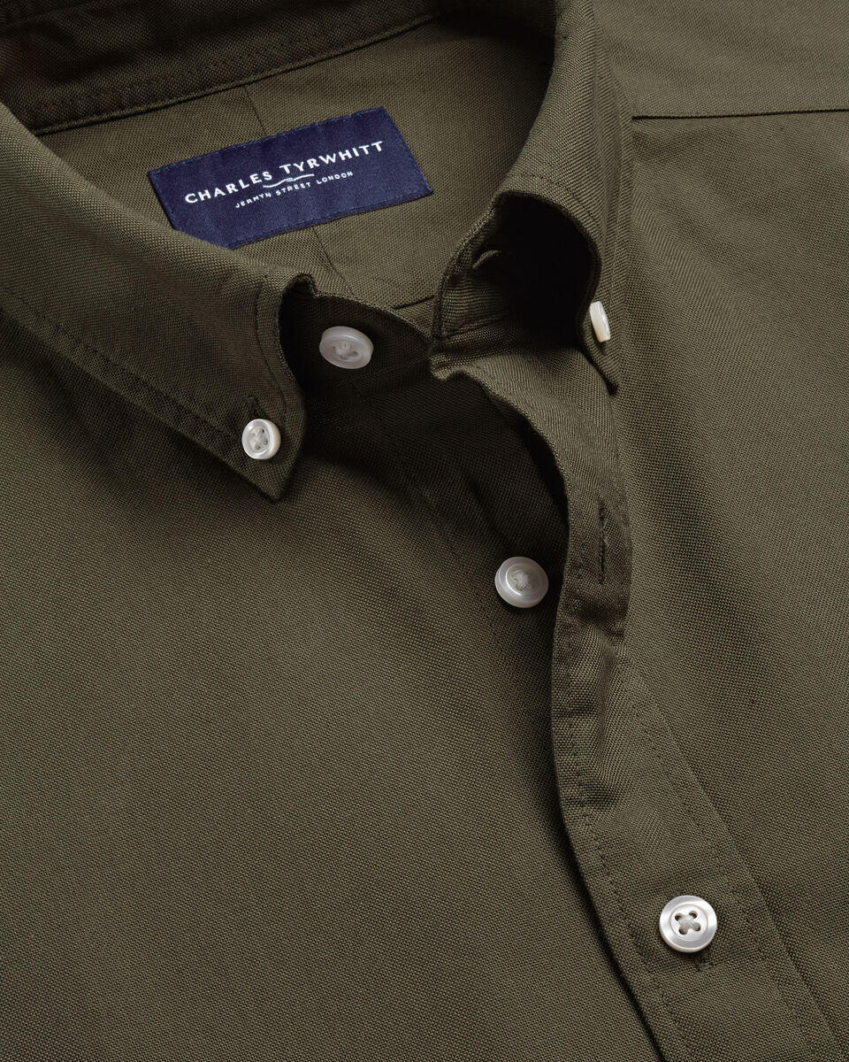 Charles Tyrwhitt Button-Down Stretch Washed Oxford Shirt - Olive Green