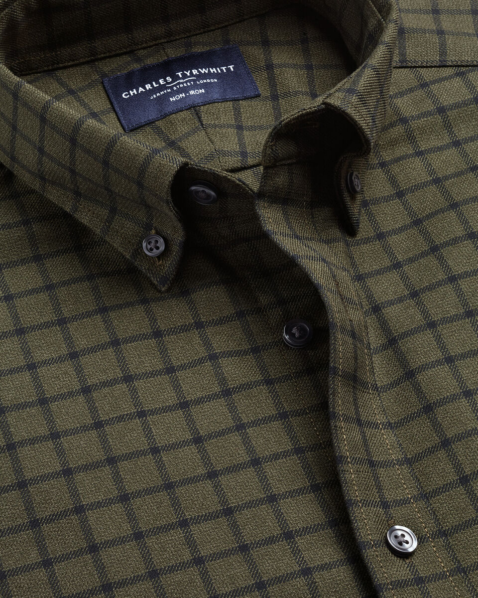Charles Tyrwhitt Non-Iron Twill Check Shirt - Olive Green