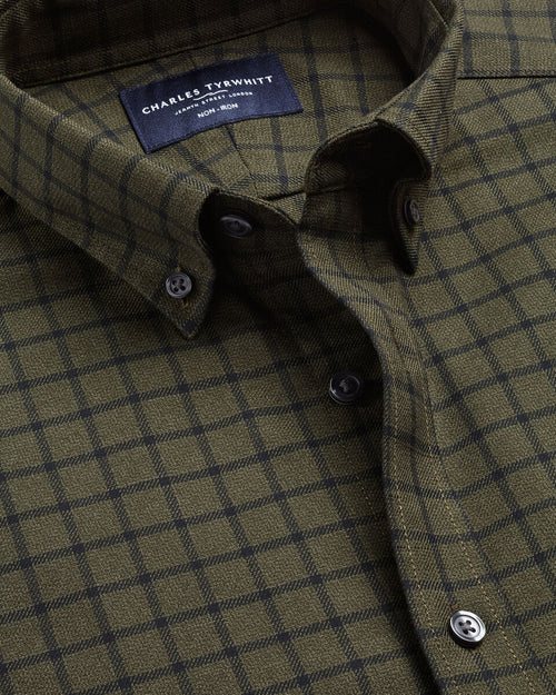 Charles Tyrwhitt Non-Iron Twill Check Shirt - Olive Green