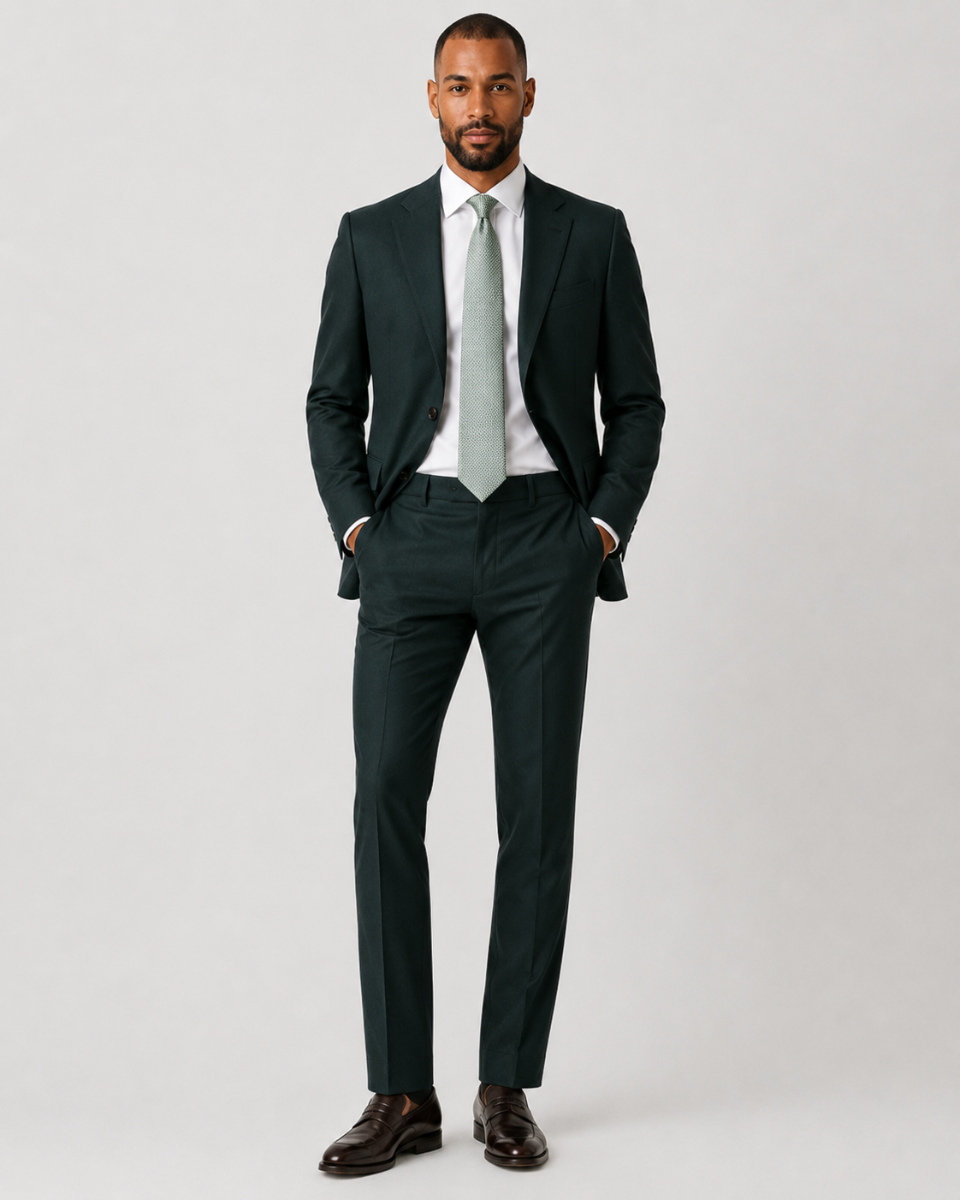 A man modeling a dark forest green two-piece suit with a white dress shirt, a light gray tie, and dark brown leather dress shoes, standing against a light gray studio background.