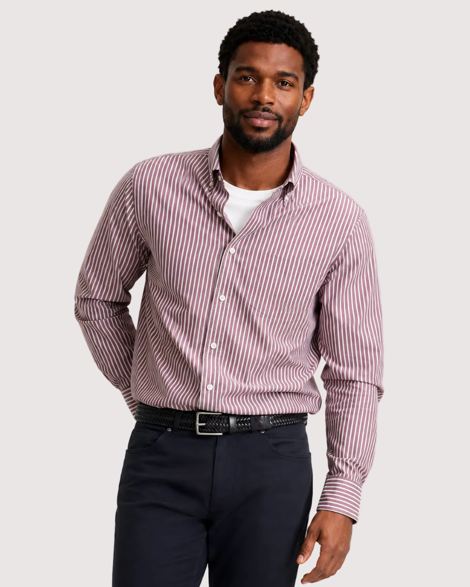 Charles Tyrwhitt Button-Down Stretch Washed Poplin Stripe Shirt - Burgundy