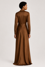 Lauren Ralph Lauren Pleated Button-Up Charmeuse Gown - Light Tobacco