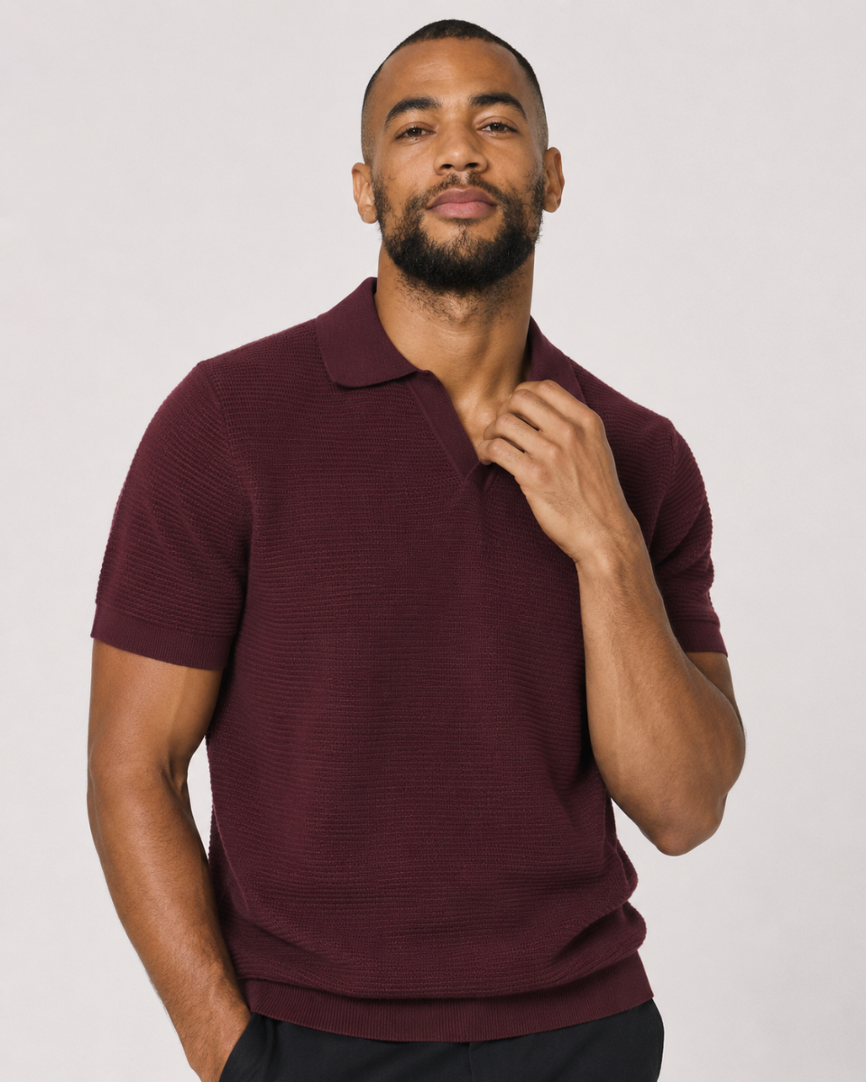 Charles Tyrwhitt Cotton Texture Trophy Neck Knitted Polo – Burgundy