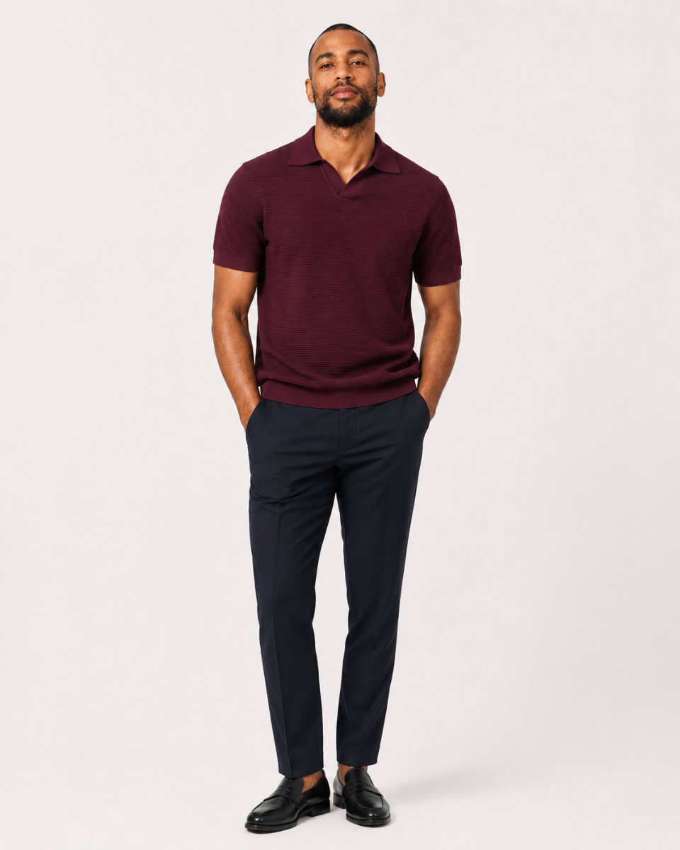 Charles Tyrwhitt Cotton Texture Trophy Neck Knitted Polo – Burgundy