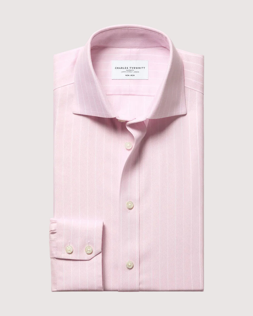 Charles Tyrwhitt Cutaway Collar Non-Iron Herringbone Stripe Shirt - Light Pink