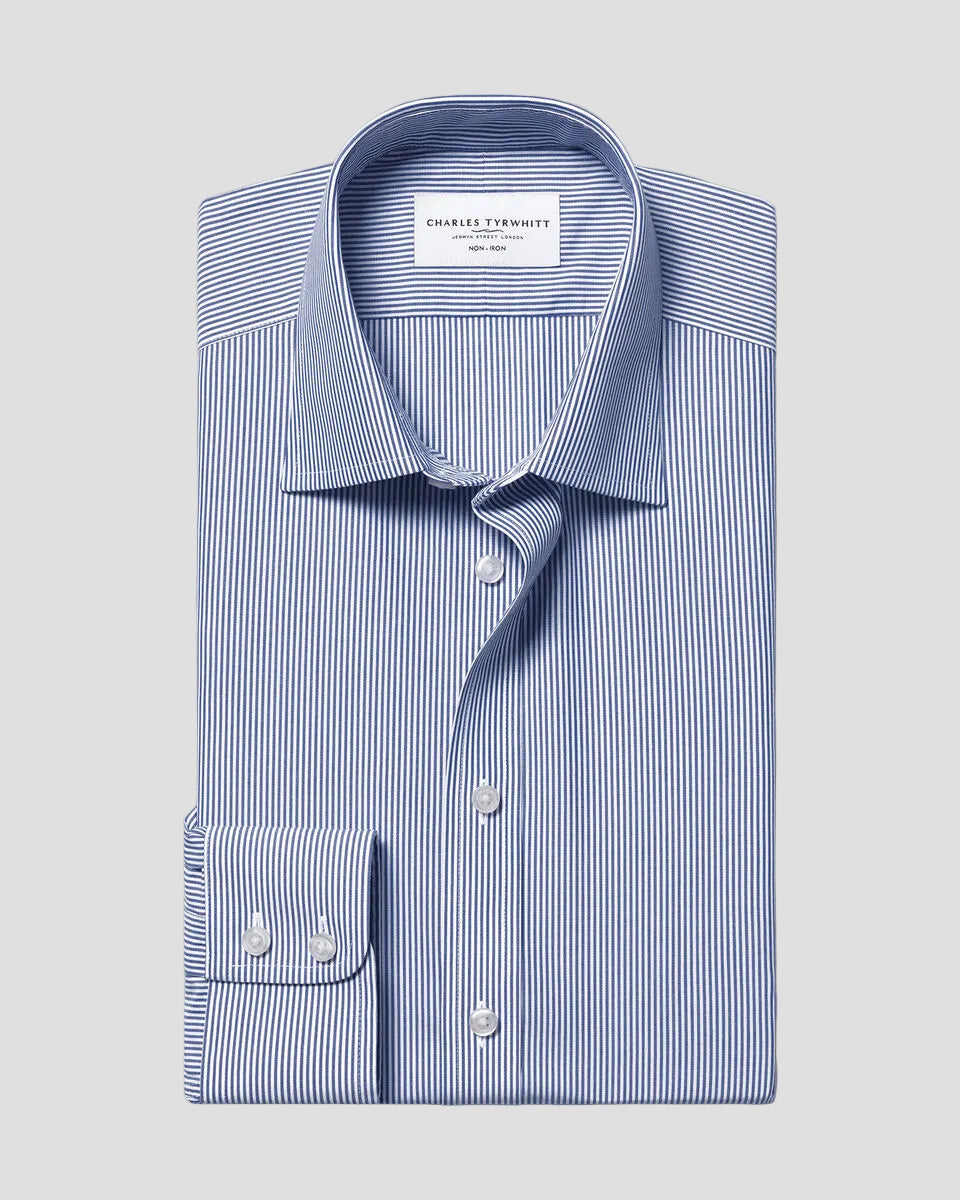 Charles Tyrwhitt Non-Iron Stretch Poplin Bengal Stripe Shirt - Royal Blue - LuxxeCoast
