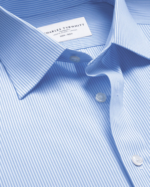 Charles Tyrwhitt Non-Iron Stretch Poplin Bengal Stripe Shirt - Cornflower Blue - LuxxeCoast