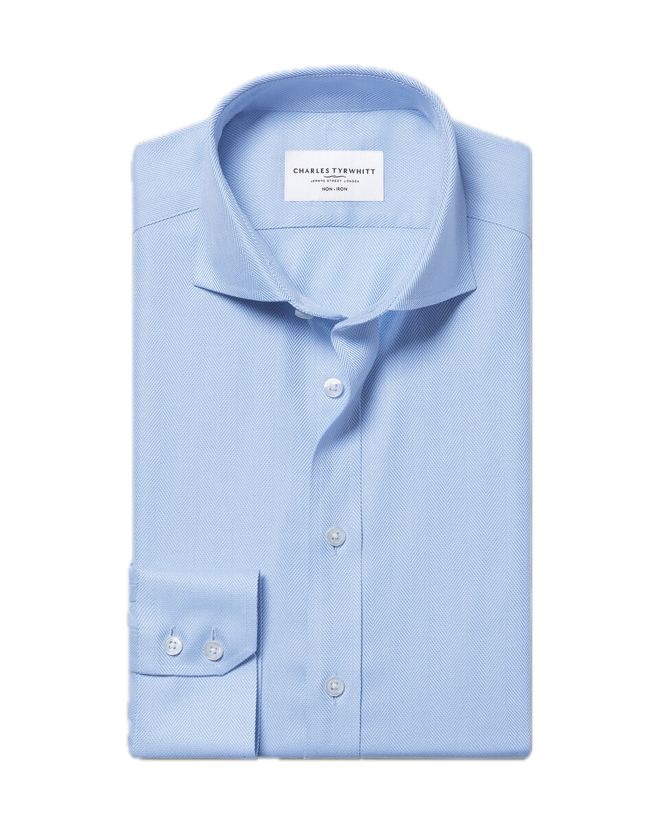 Charles Tyrwhitt Cutaway Collar Non-Iron Herringbone Shirt - Sky Blue