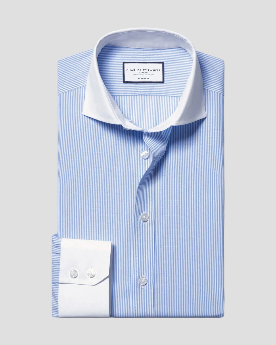 Charles Tyrwhitt Cutaway Collar Non-Iron Poplin Stripe Winchester Shirt - Sky