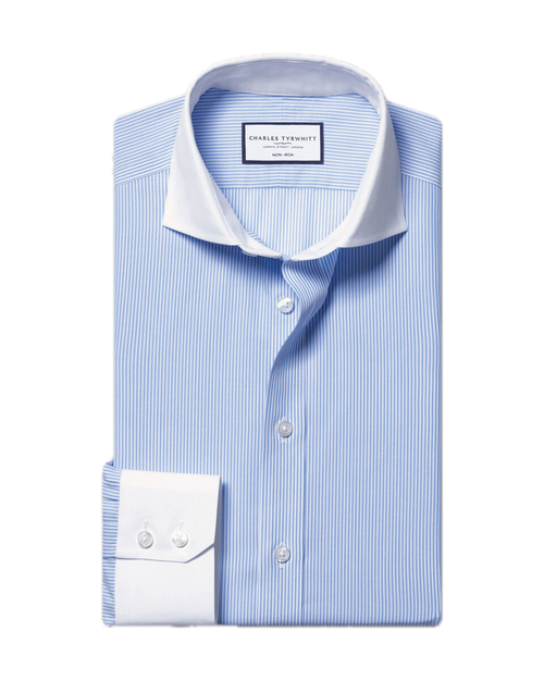 Charles Tyrwhitt Cutaway Collar Non-Iron Poplin Stripe Winchester Shirt - Sky