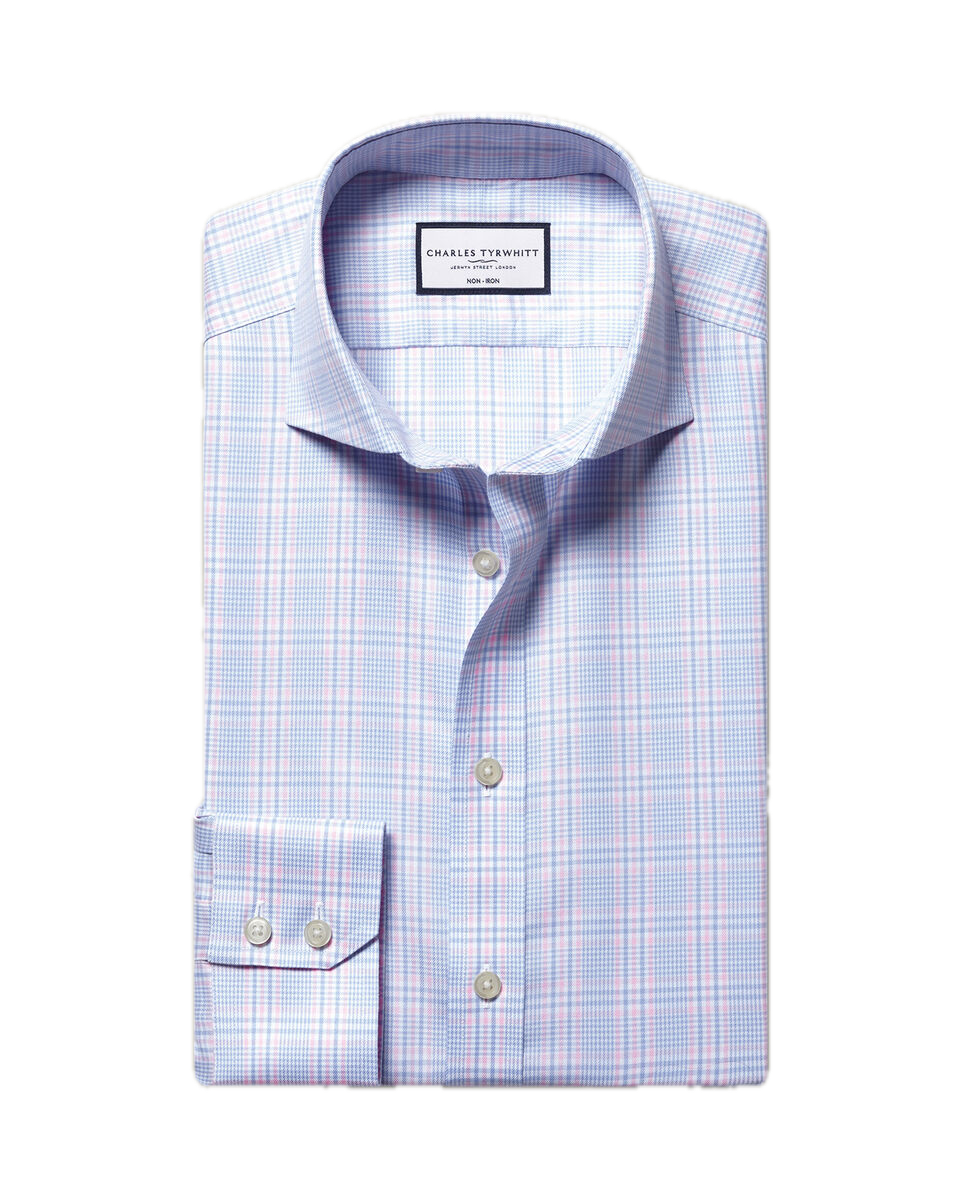 Charles Tyrwhitt Non-Iron Twill Prince of Wales Shirt - Sky Blue & Pink