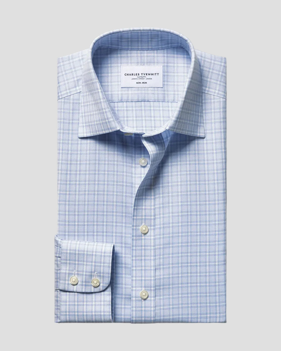 Charles Tyrwhitt Non-Iron Twill Windowpane Check Shirt - Sky Blue