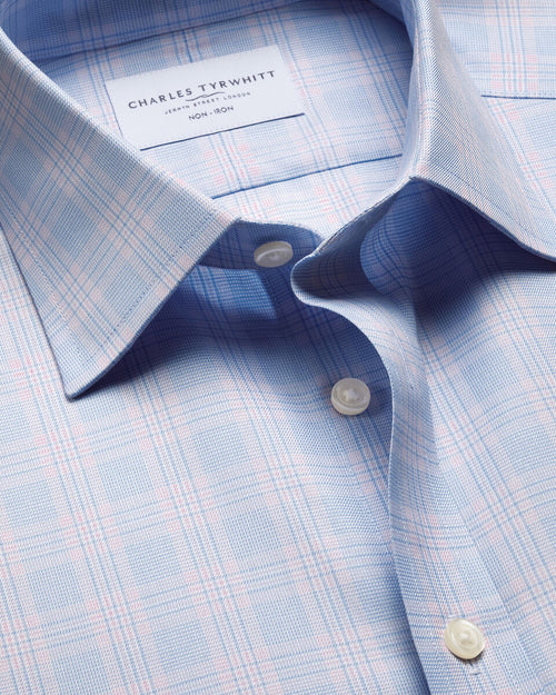 Charles Tyrwhitt Non-Iron Twill Prince of Wales Check Shirt - Sky Blue & Pink