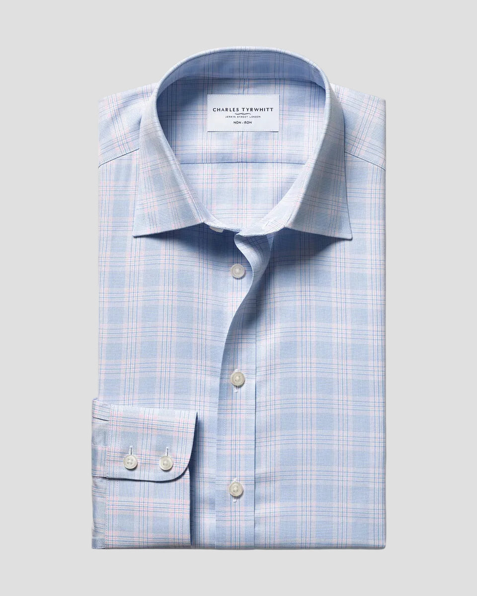 Charles Tyrwhitt Non-Iron Twill Prince of Wales Check Shirt - Sky Blue & Pink