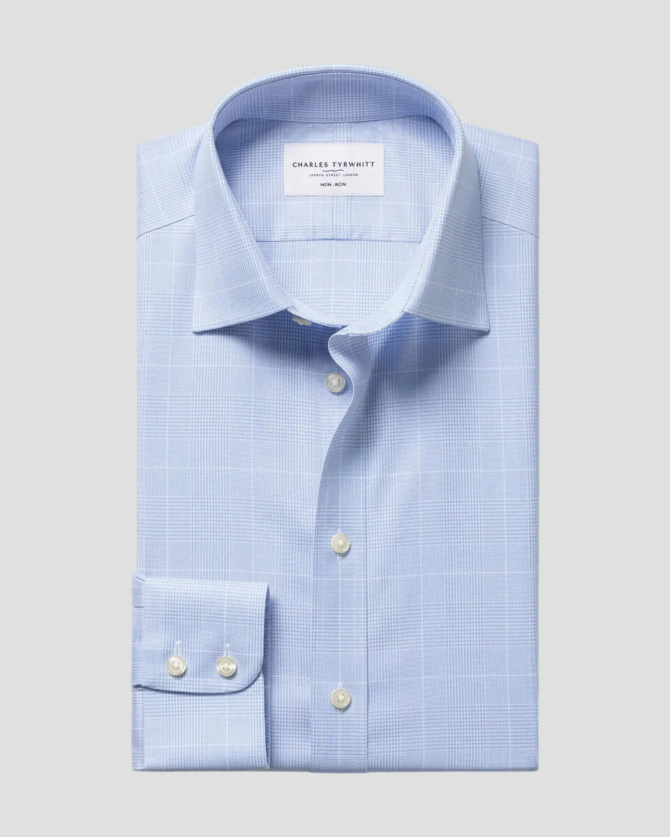 Charles Tyrwhitt Non-Iron Twill Prince of Wales Check Shirt - Sky Blue