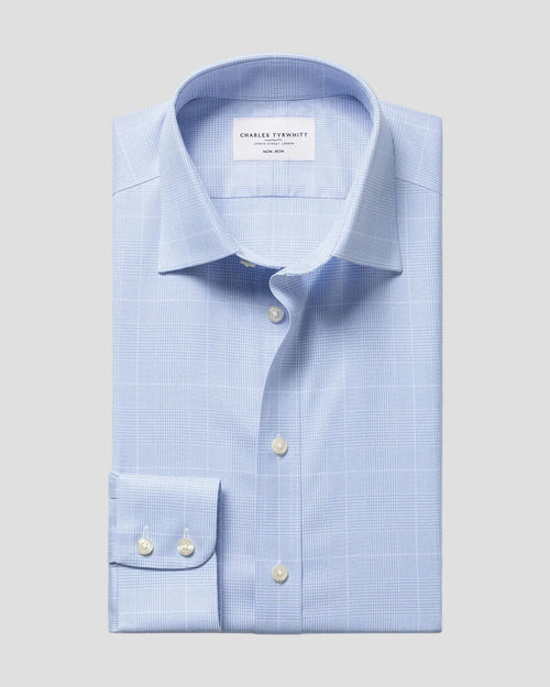 Charles Tyrwhitt Non-Iron Twill Prince of Wales Check Shirt - Sky Blue - LuxxeCoast