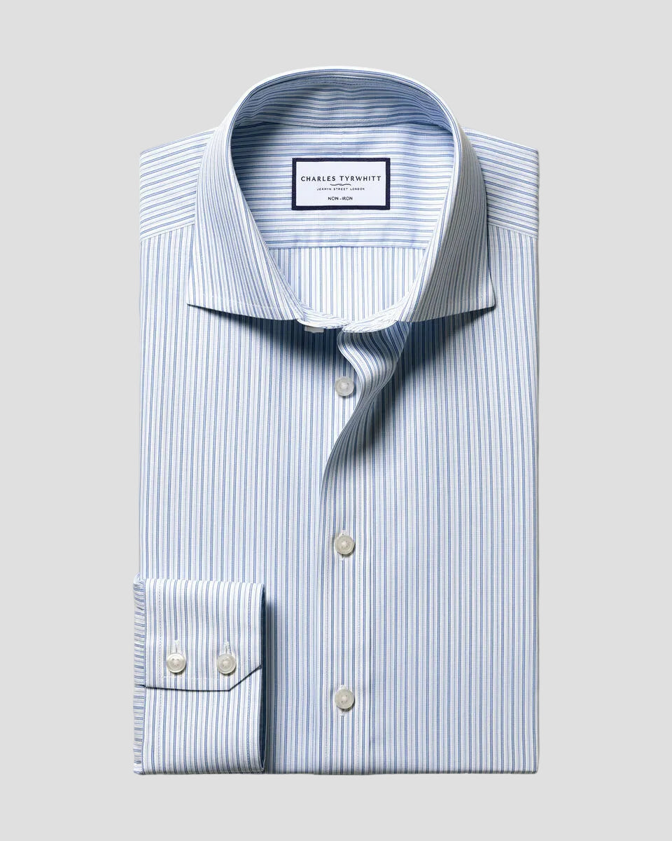 Charles Tyrwhitt Non-Iron Poplin Stripe Shirt - Mid Blue