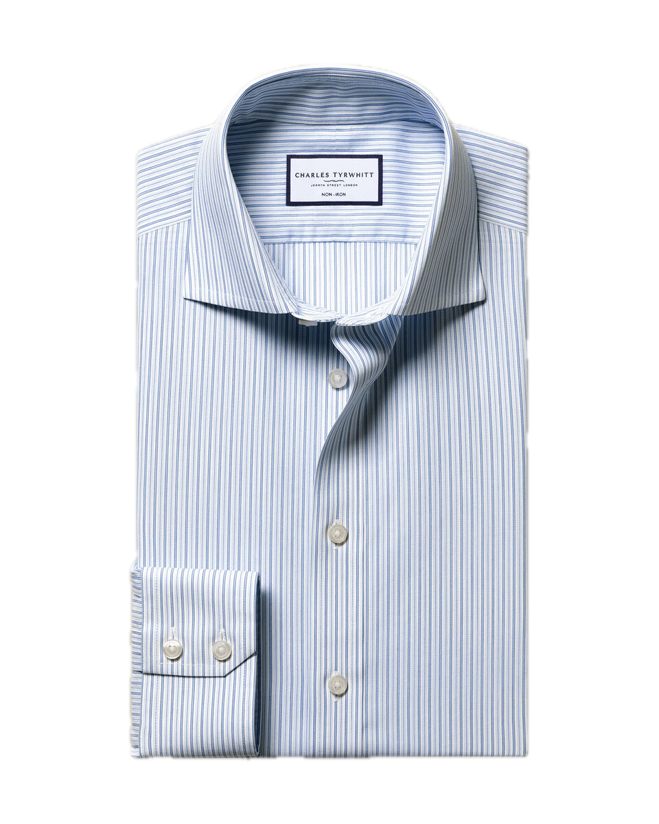 Charles Tyrwhitt Non-Iron Poplin Stripe Shirt - Mid Blue