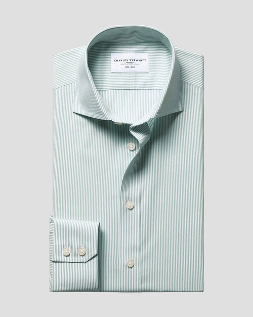 Charles Tyrwhitt Cutaway Collar Non-Iron Stretch Poplin Bengal Stripe Shirt – Mid Green