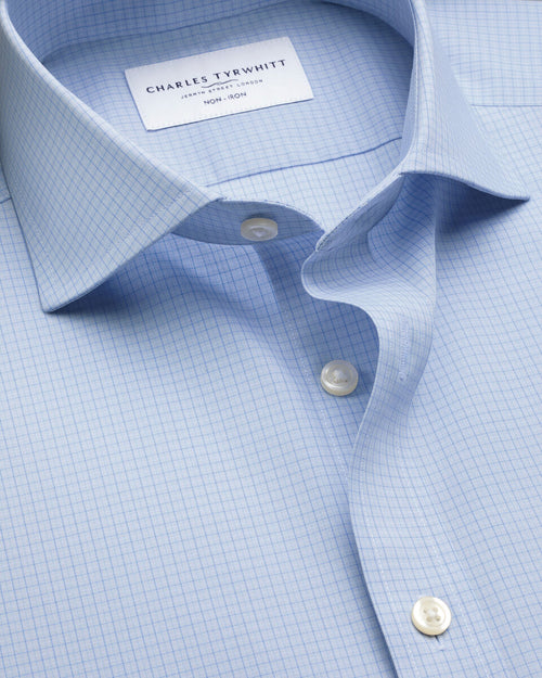 Charles Tyrwhitt Non-Iron Poplin Grid Check Shirt - Mid Blue - LuxxeCoast