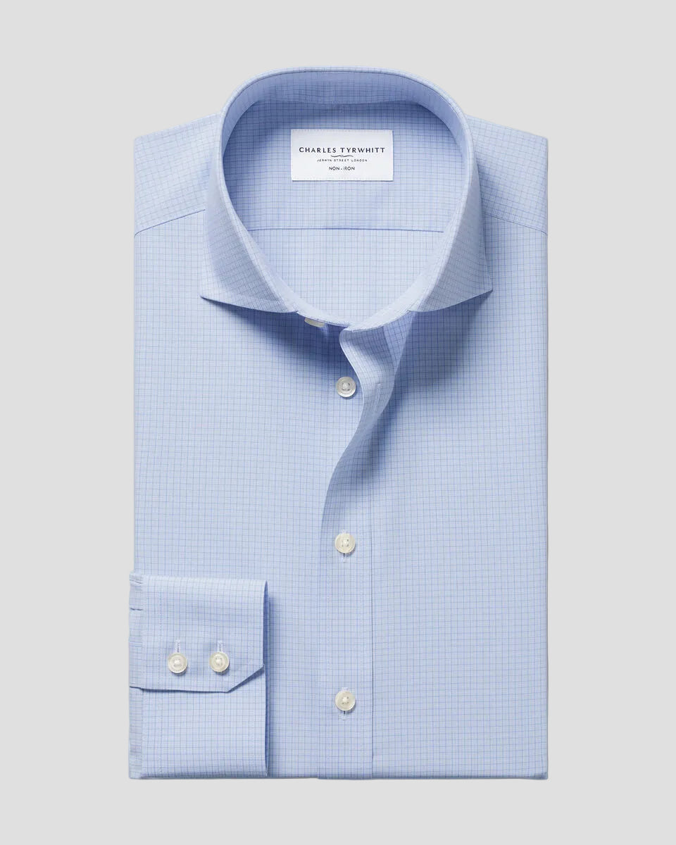 Charles Tyrwhitt Non-Iron Poplin Grid Check Shirt - Mid Blue