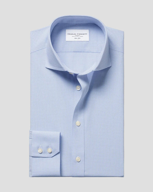 Charles Tyrwhitt Non-Iron Poplin Grid Check Shirt - Mid Blue - LuxxeCoast