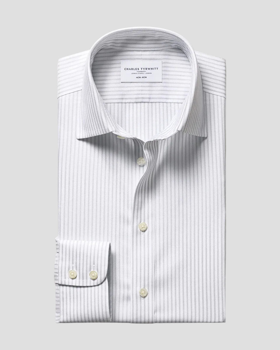 Charles Tyrwhitt Non-Iron Royal Oxford Stripe Shirt - Silver Grey