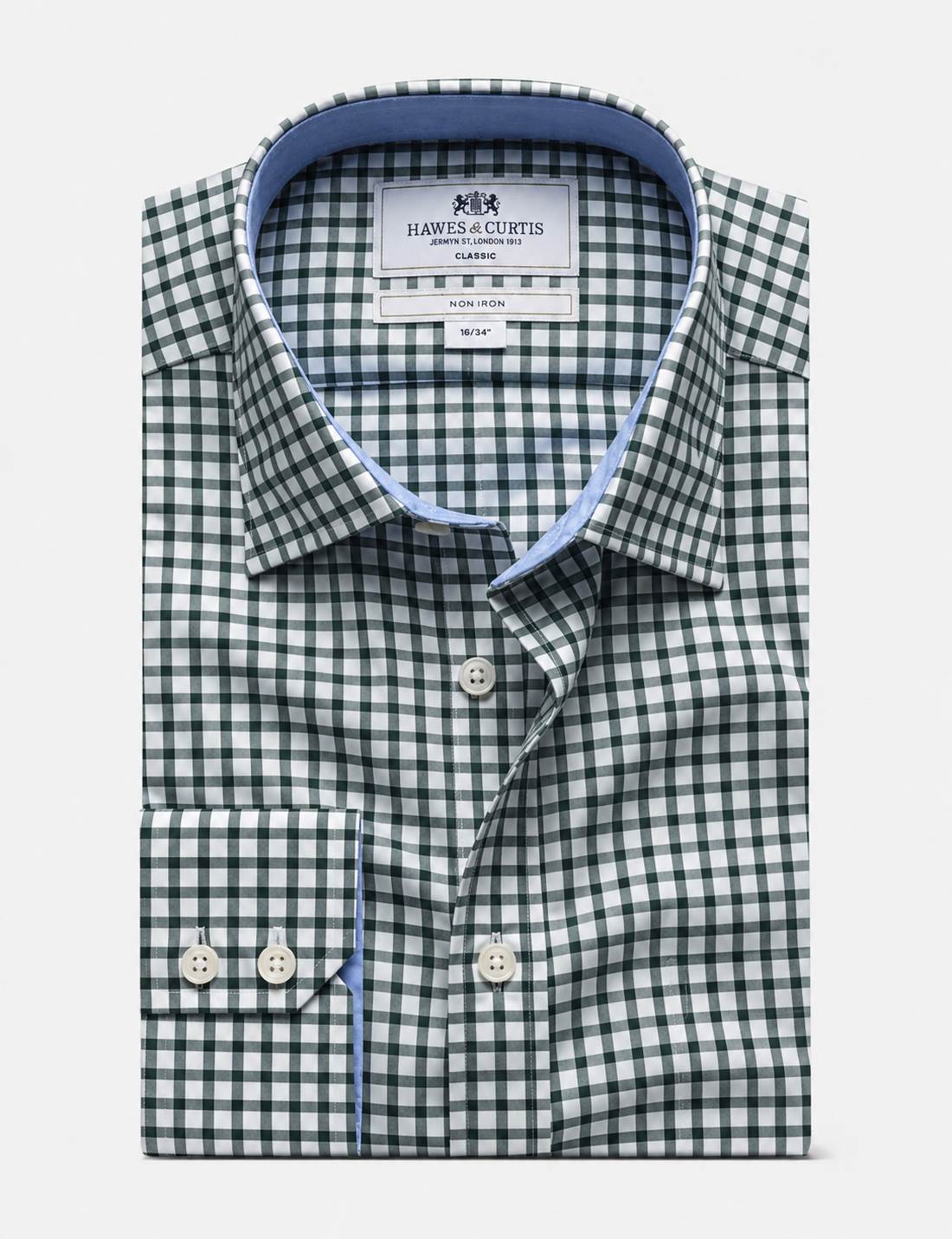 Hawes & Curtis Green & White Grid Check Non-Iron Shirt - Contrast Detail - Chest Pocket