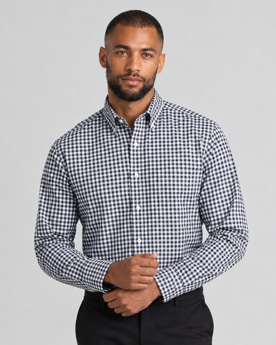 Charles Tyrwhitt Button-Down Stretch Washed Poplin Gingham Shirt - Dark Navy
