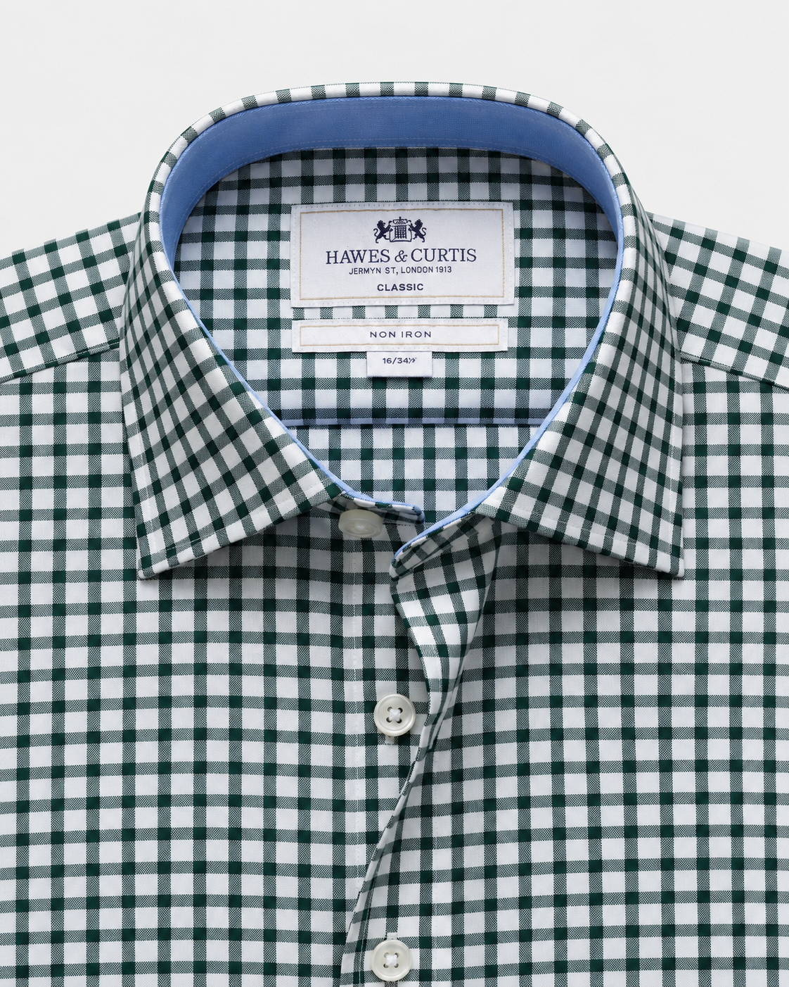 Hawes & Curtis Green & White Grid Check Non-Iron Shirt - Contrast Detail - Chest Pocket