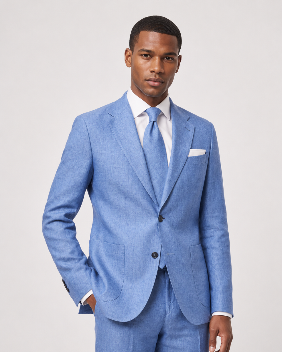 A man wearing a light blue textured suit with a matching blue tie and white dress shirt, standing against a light gray studio background.