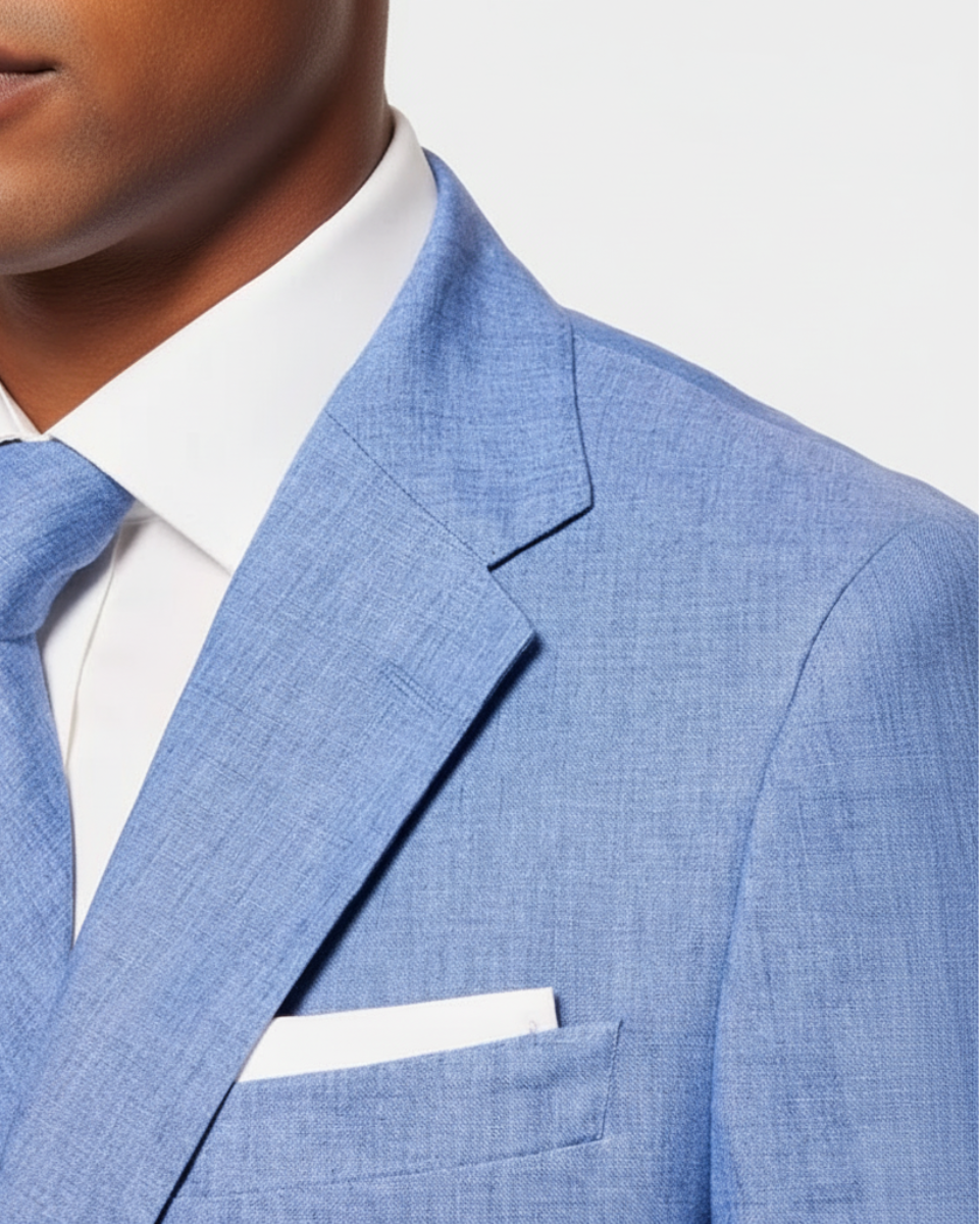 A close-up of a man wearing a light blue textured suit jacket, matching blue tie, white dress shirt, and a white pocket square.