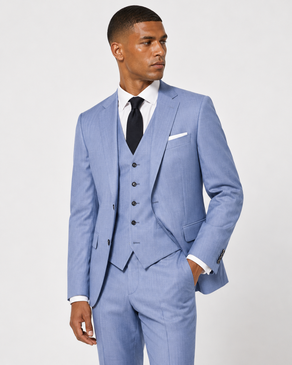 A man wearing a light blue three-piece suit with a white dress shirt, black tie, and white pocket square, photographed against a plain light gray studio background.