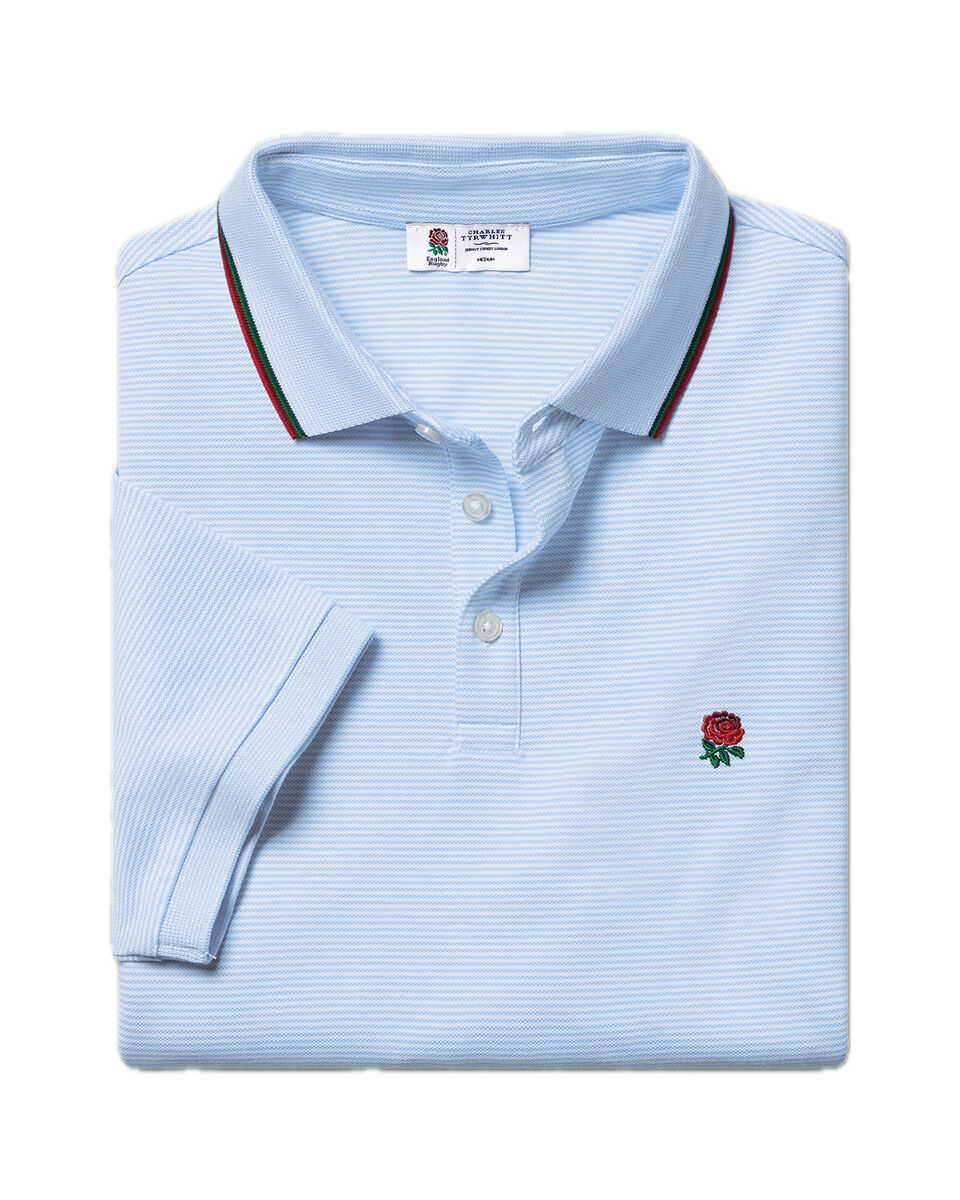 Charles Tyrwhitt England Rugby Stripe Pique Polo - Sky Blue