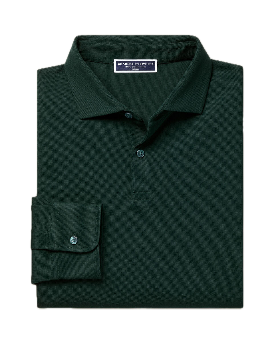 Charles Tyrwhitt Long Sleeve Smart Pique Polo - Dark Green