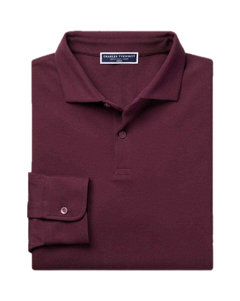 Charles Tyrwhitt Long Sleeve Smart Pique Polo - Wine Red