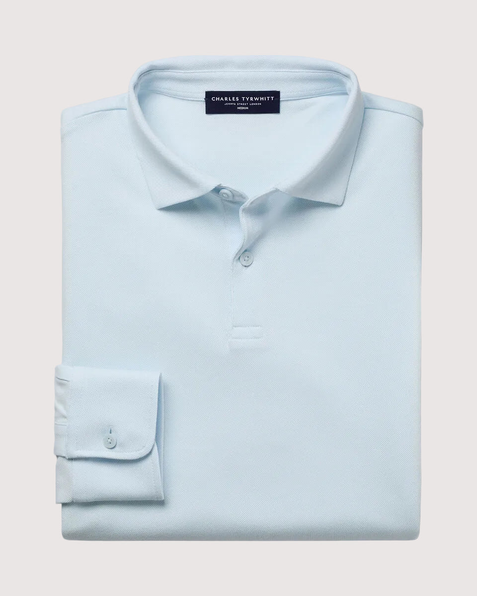 Charles Tyrwhitt Long Sleeve Smart Pique Polo - Ice Blue