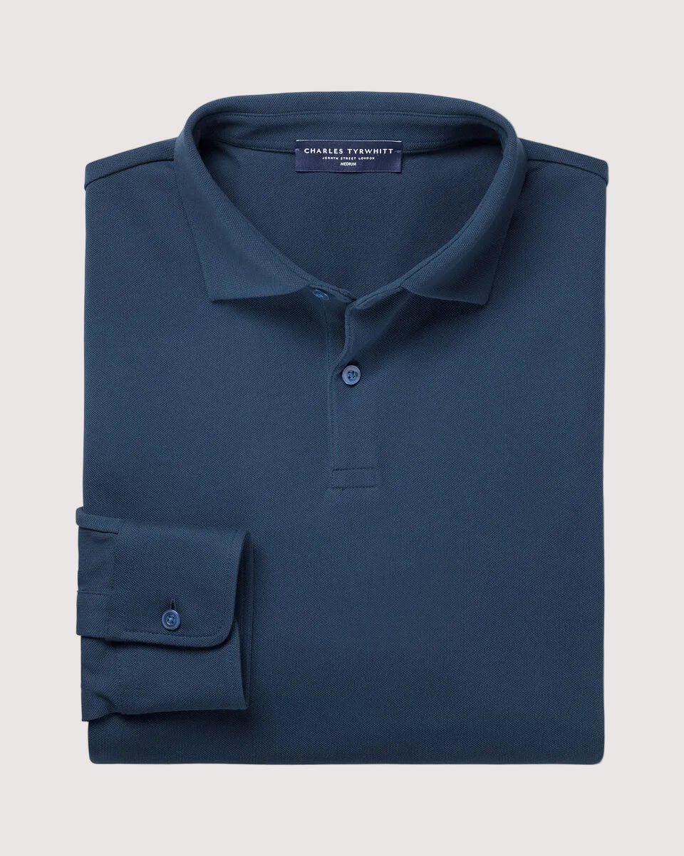 Charles Tyrwhitt Long Sleeve Smart Pique Polo - Petrol Blue