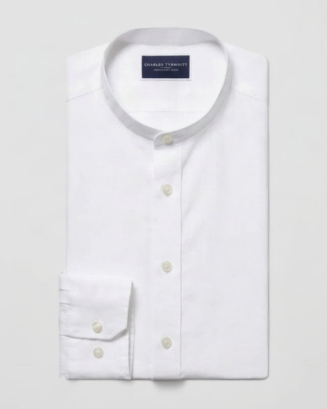 Charles Tyrwhitt Collarless Cotton Linen Shirt - White