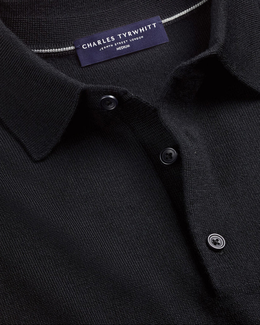Charles Tyrwhitt Pure Merino Wool Button Neck Polo - Black