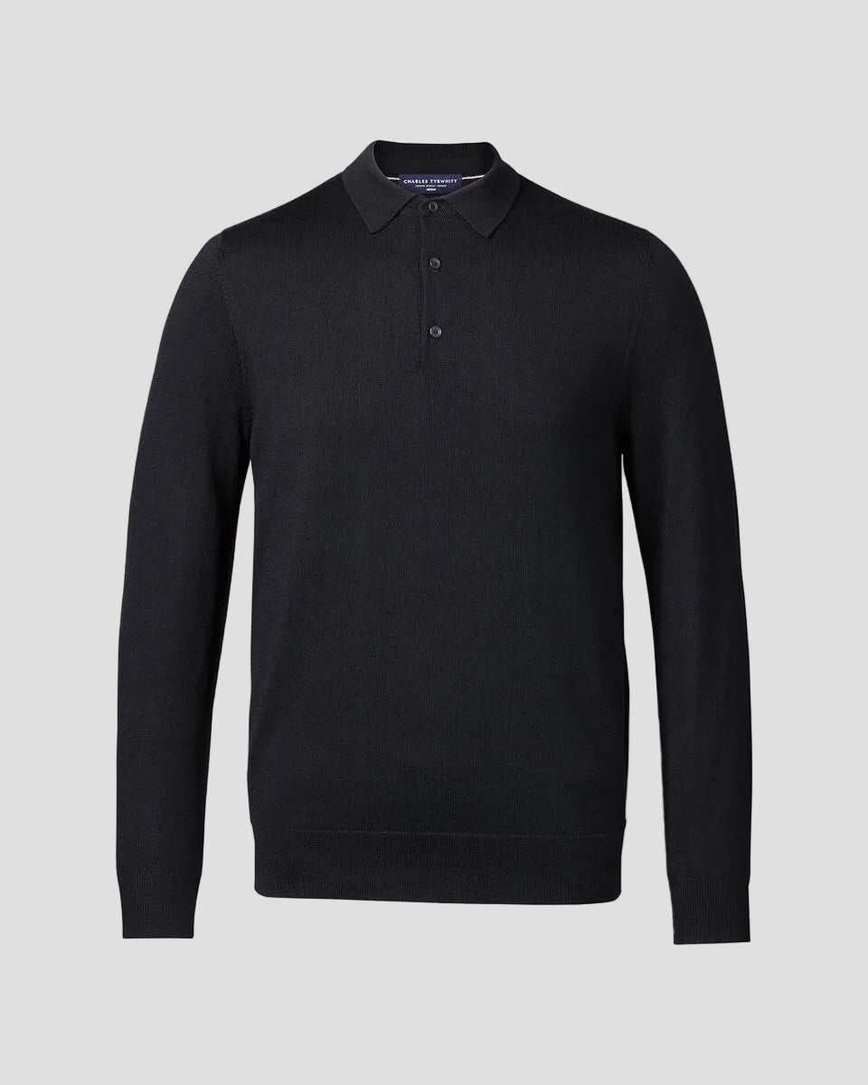 Charles Tyrwhitt Pure Merino Wool Button Neck Polo - Black
