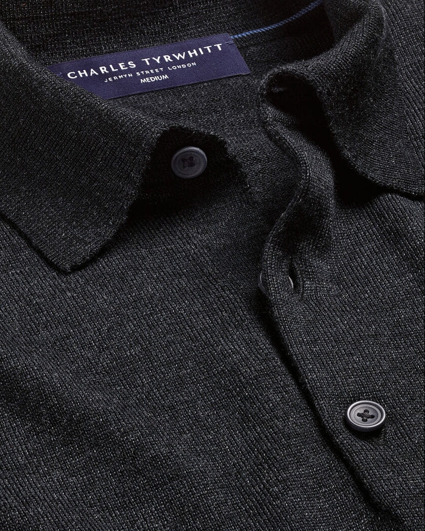 Charles Tyrwhitt Pure Merino Wool Button Neck Polo - Charcoal