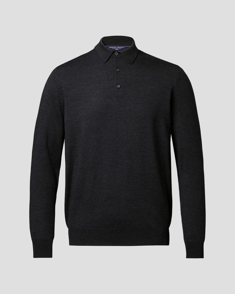 Charles Tyrwhitt Pure Merino Wool Button Neck Polo - Charcoal