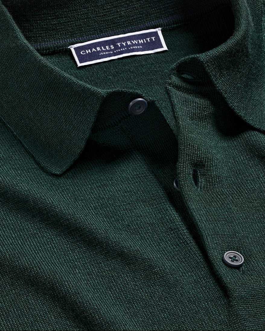 Charles Tyrwhitt Pure Merino Wool Button Neck Polo - Forest Green