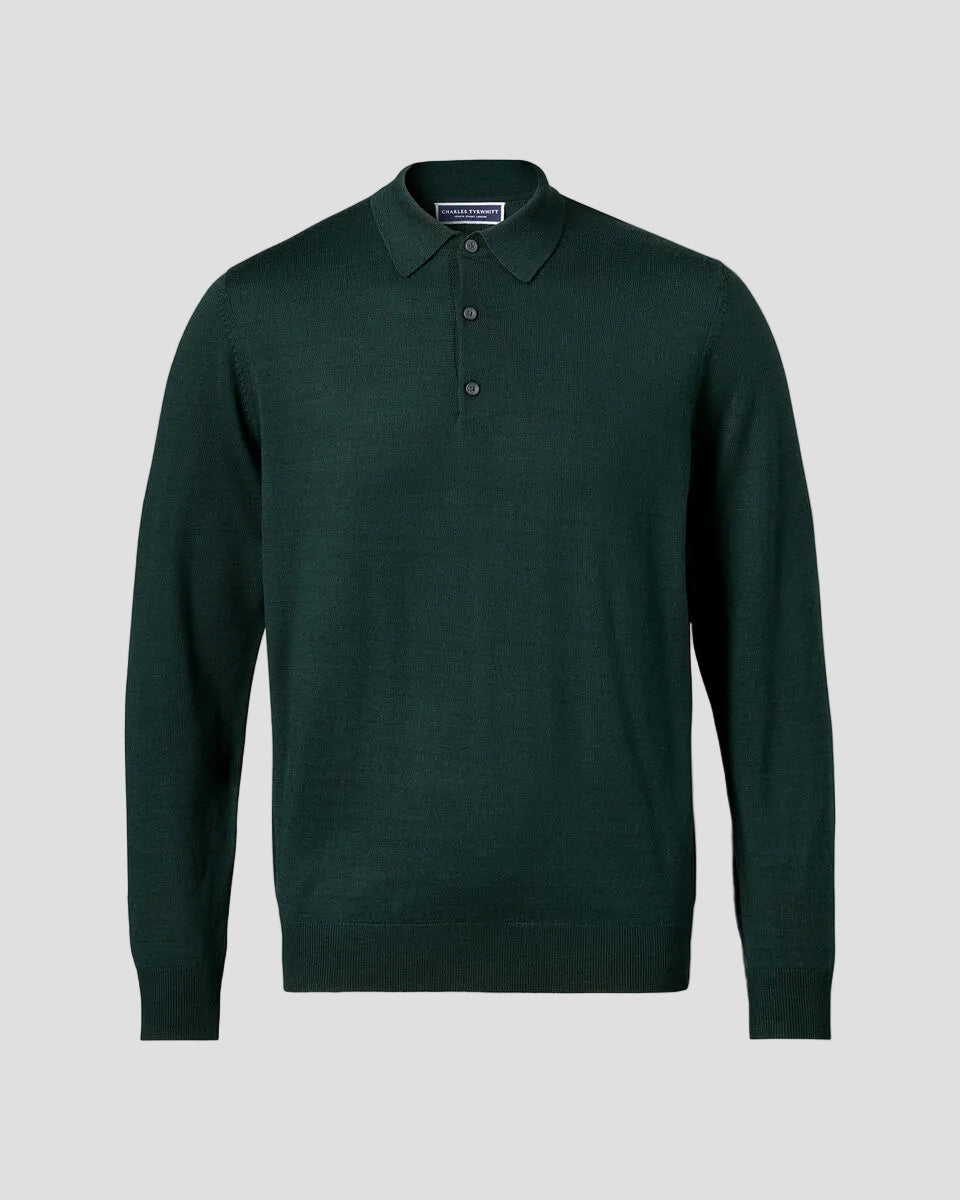 Charles Tyrwhitt Pure Merino Wool Button Neck Polo - Forest Green