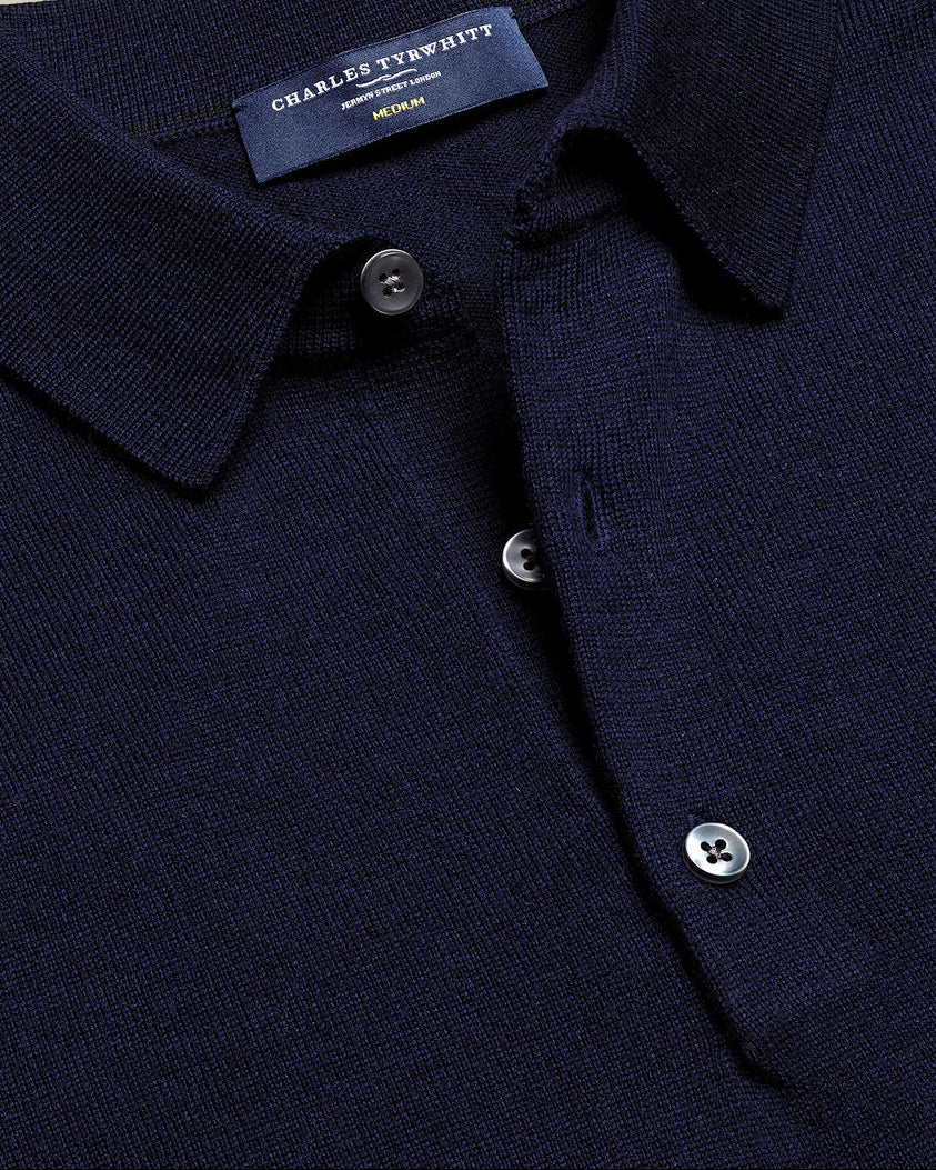 Charles Tyrwhitt Pure Merino Wool Button Neck Polo - Navy