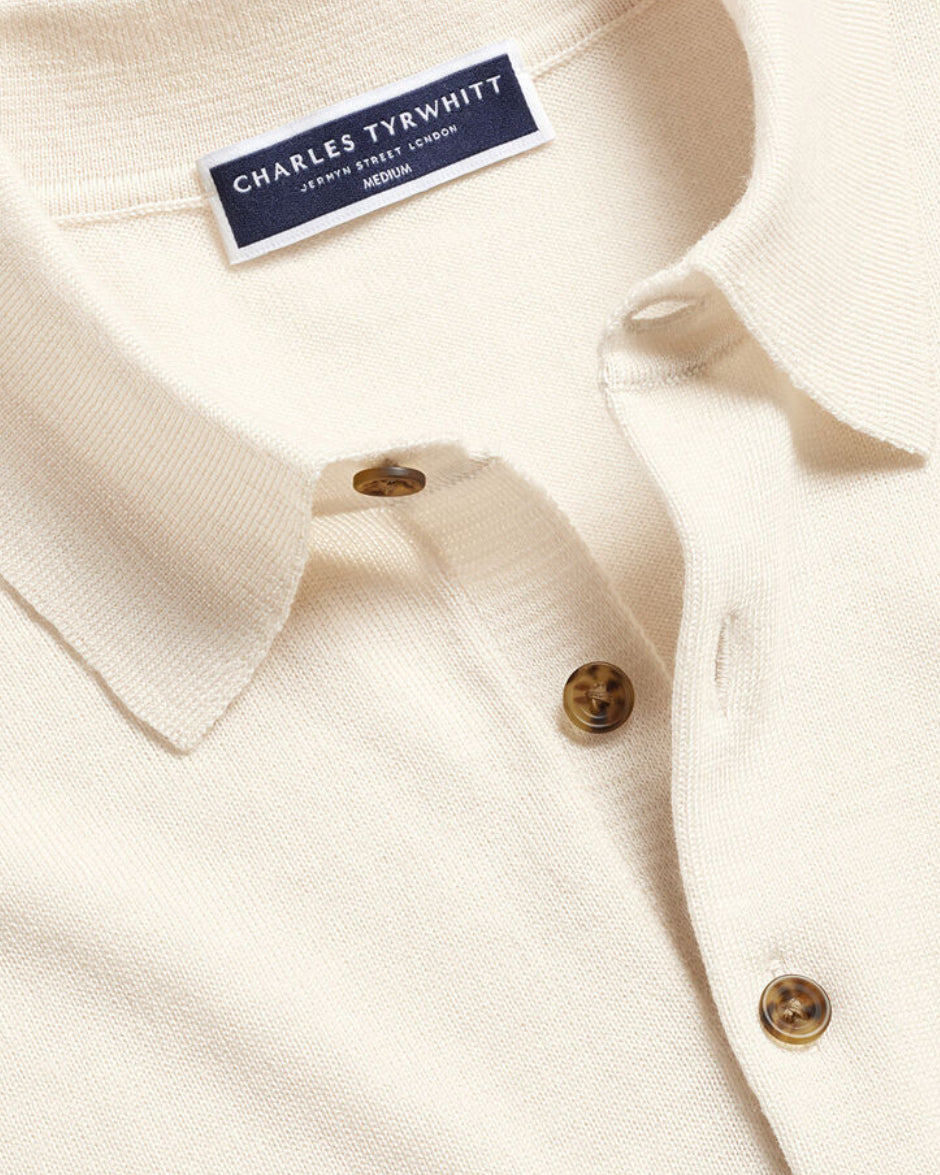 Charles Tyrwhitt Pure Merino Wool Button Neck Polo - Cream