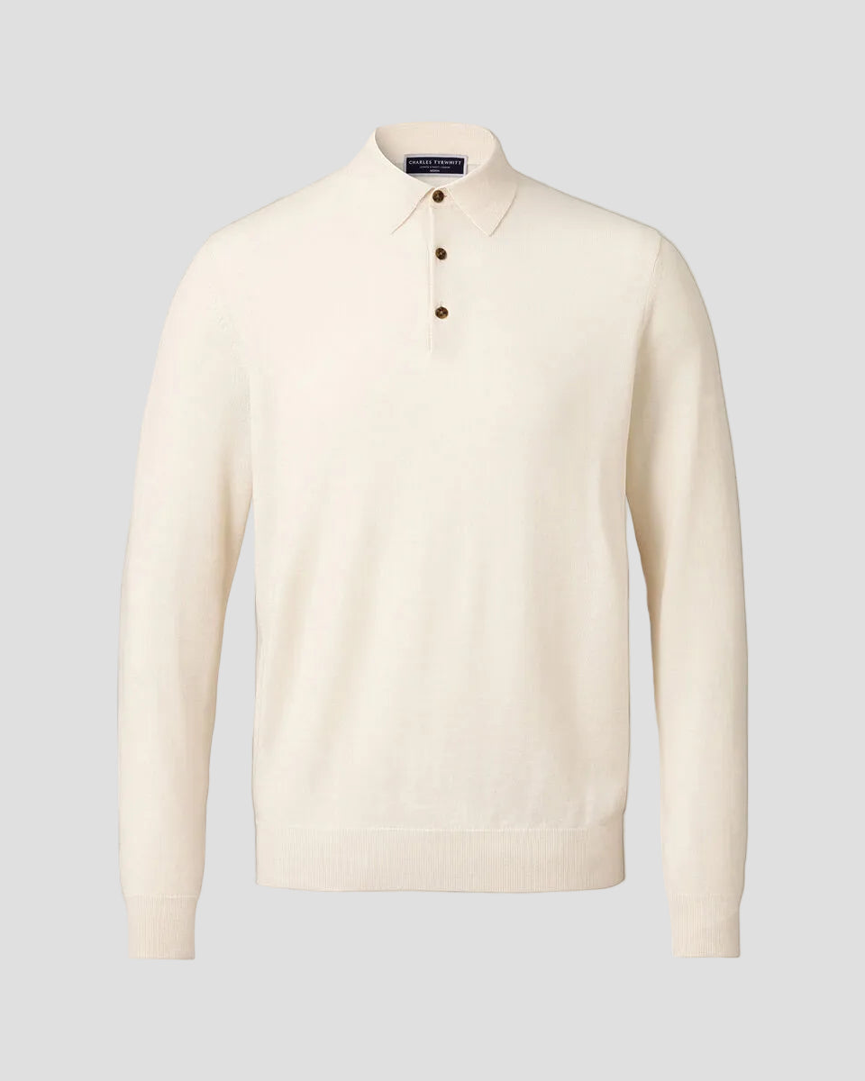 Charles Tyrwhitt Pure Merino Wool Button Neck Polo - Cream